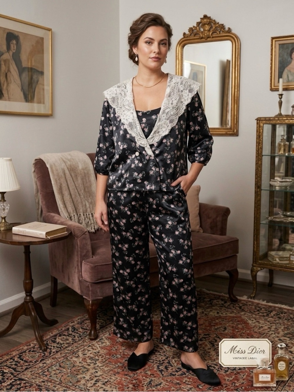 Vintage Miss Dior 3-Piece Pajama Set Black Floral Satin Lace Trim SZ S